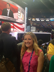 Sarah Matthews stands on the delegate floor at the 2016 Republican National Convention.  Matthews served as an intern with the Convention’s Digital department for the summer.